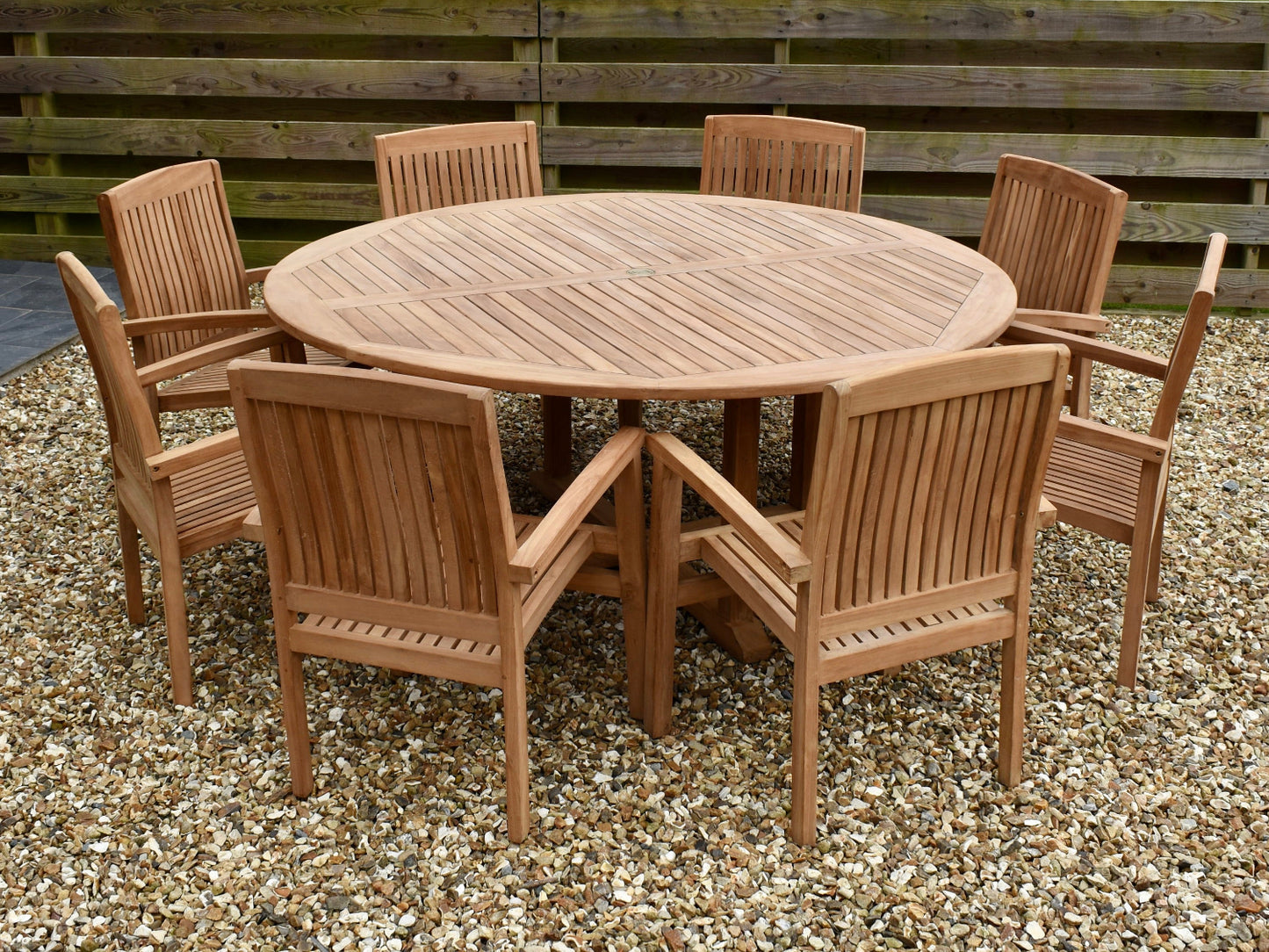 180cm round classic teak pedestal outdoor dining set with 8 stacking armchairs