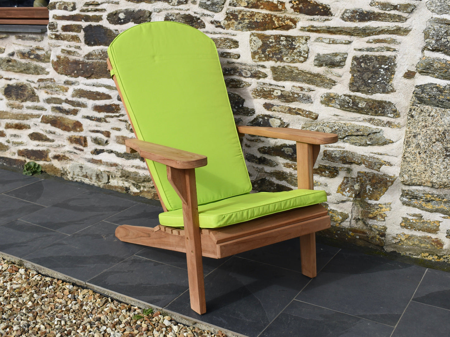 bright lime green colour outdoor cushion for classic Adirondack style garden chair