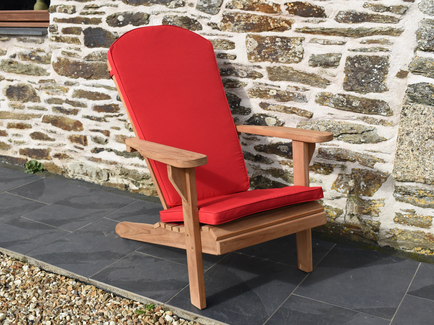 scarlet red outdoor cushion for a classic Adirondack style garden easy chair
