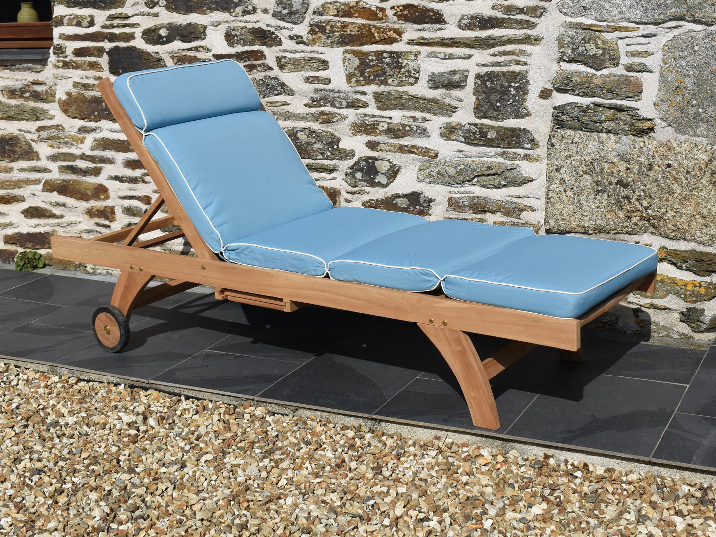 luxury light blue cushion for garden sun lounger featuring white contrast piping and removable, machine washable cover