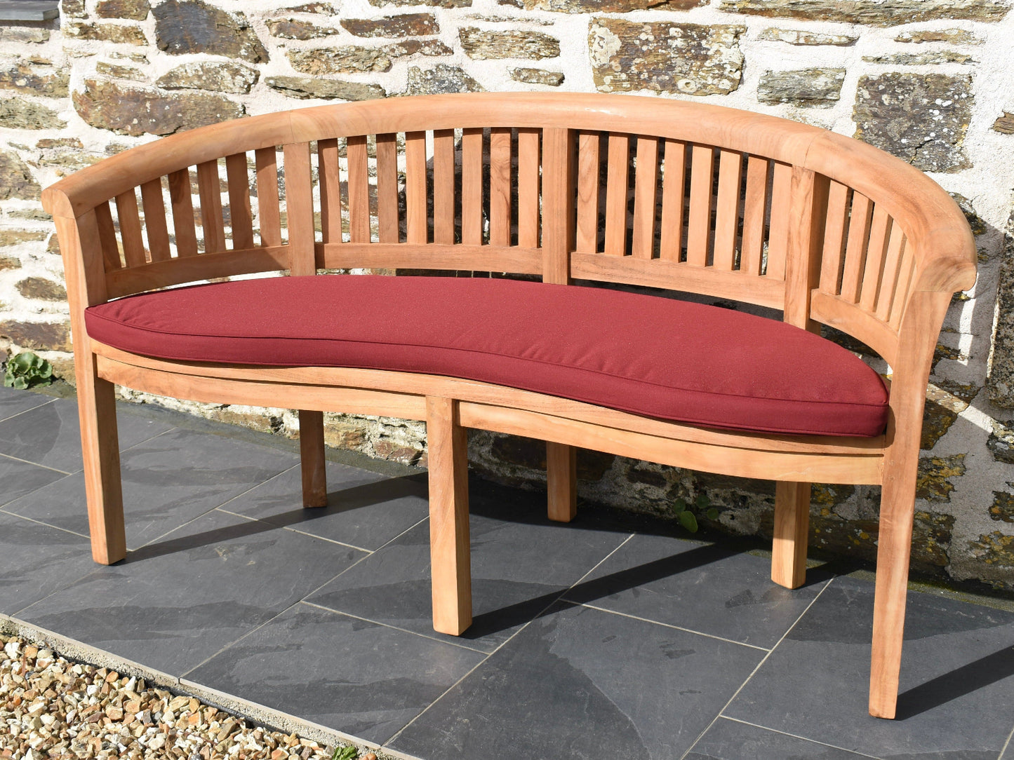 burgundy red outdoor cushion for curved banana garden bench with removable, machine washable covers