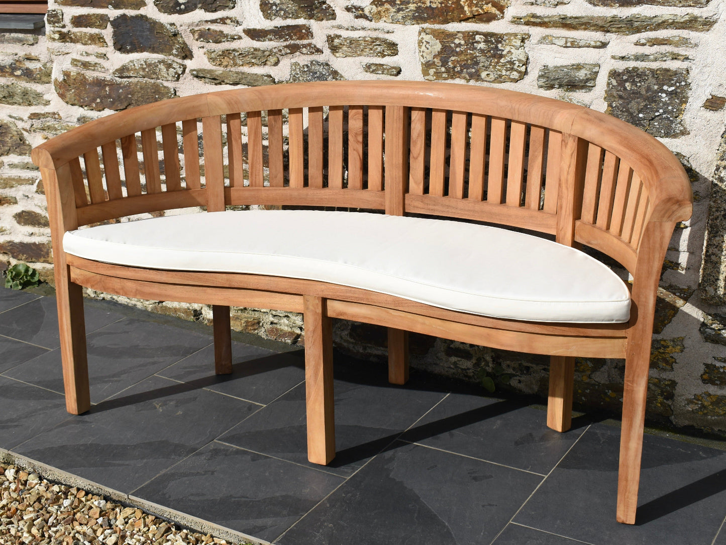 natural ecru outdoor cushion for curved banana garden bench with removable, machine washable covers