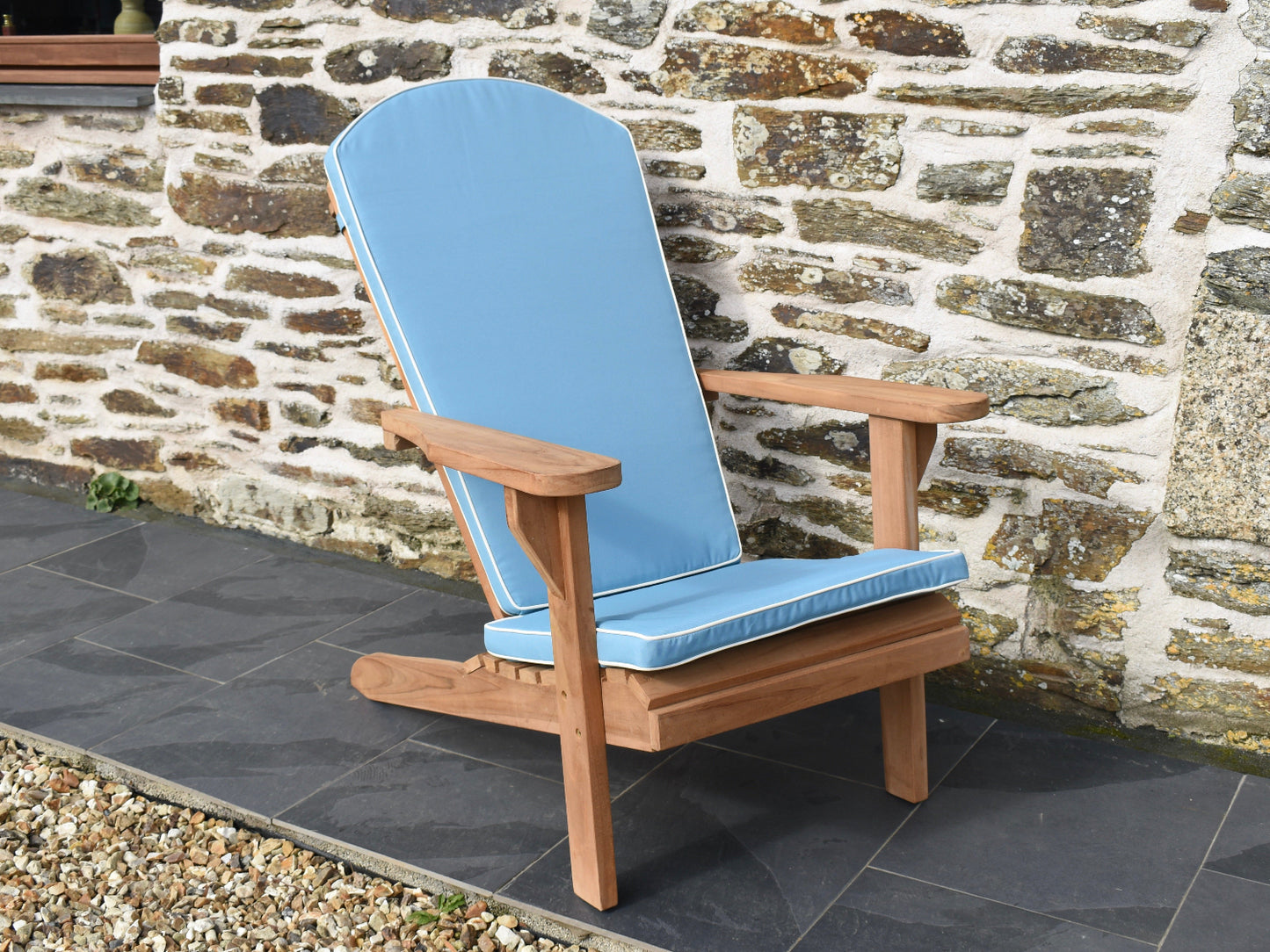 luxury light blue Adirondack chair cushion, perfectly crafter to fit our teak Adirondack style garden easy chairs