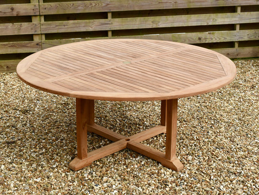 Traditional teak garden furniture circular 180cm/6ft outdoor dining table with pedestal base and central parasol hole