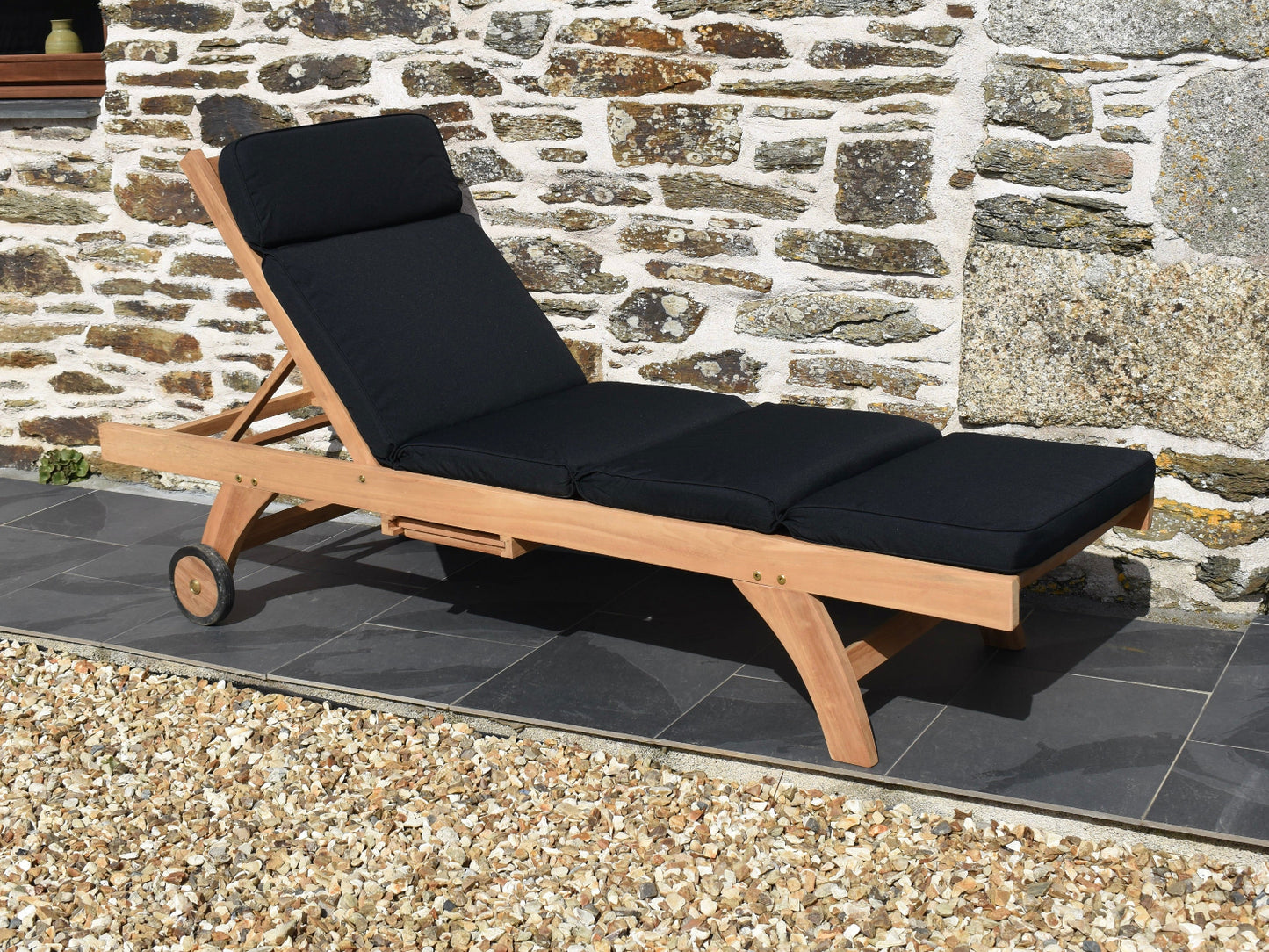 black colour traditional garden sun lounger cushion featuring removable, machine washable covers