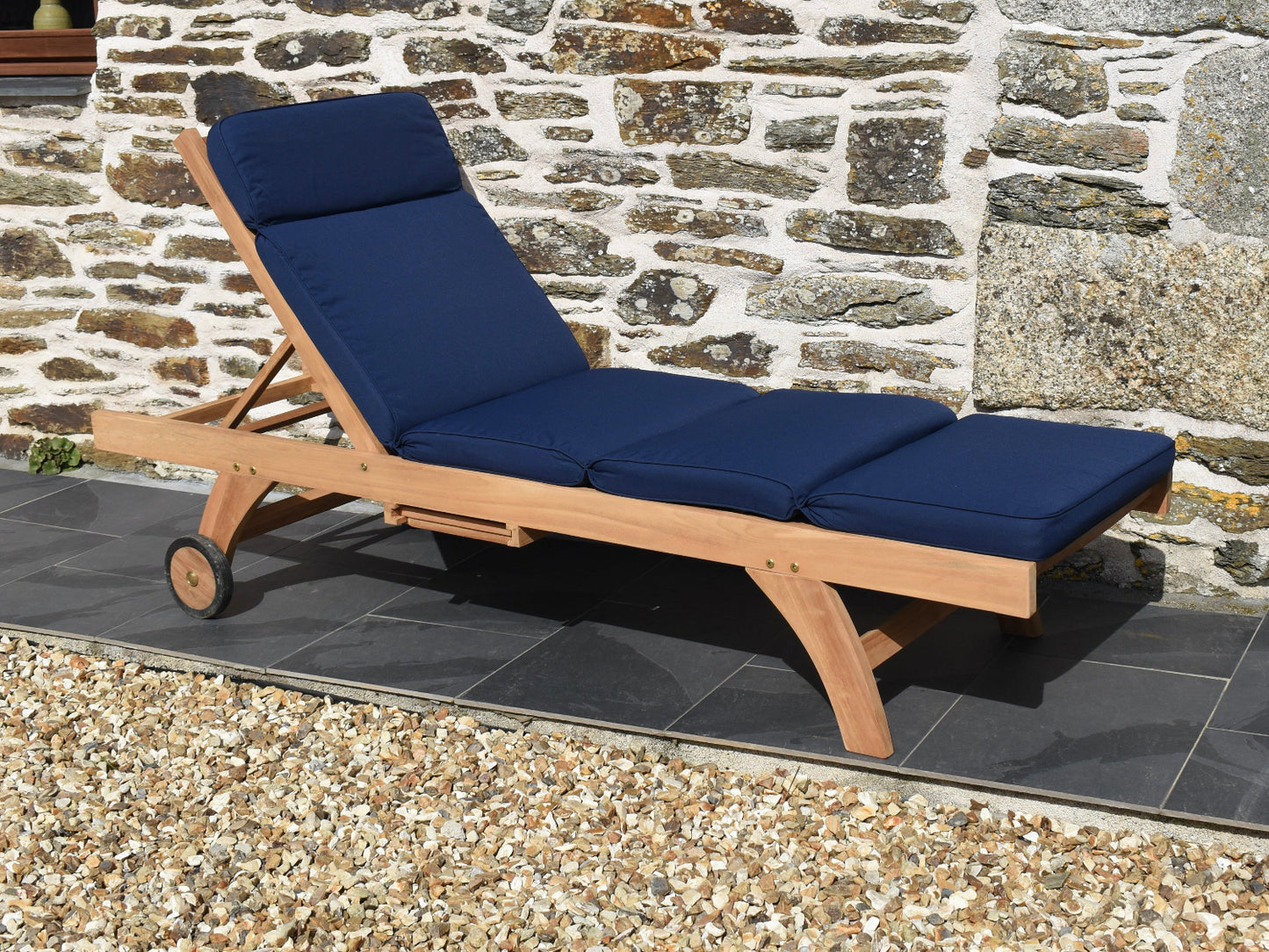 dark navy blue colour traditional garden sun lounger cushion featuring removable, machine washable covers
