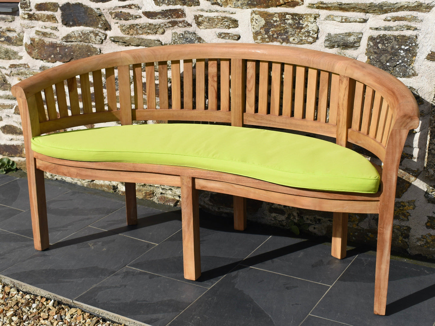 light green outdoor cushion for curved banana garden bench with removable, machine washable covers