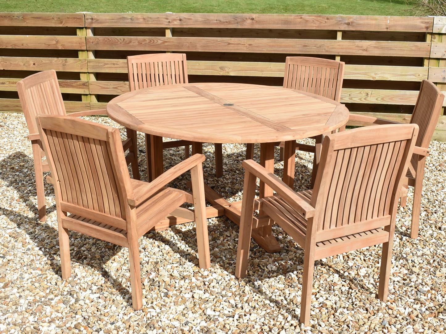 6 Seater Round Pedestal Teak Set with Henley Stacking Armchairs