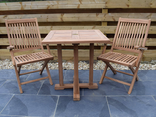 2 Seater Square Pedestal Teak Set with Folding Armchairs