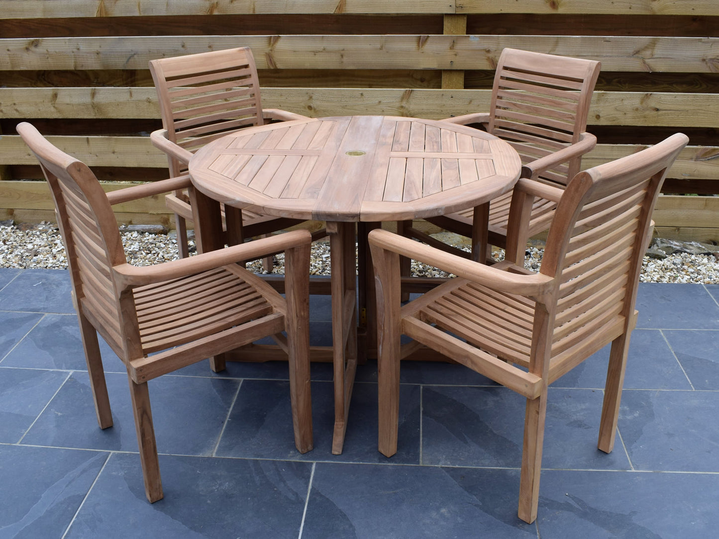 4 Seater Round Folding Gate-Leg Teak Set with Stacking Armchairs