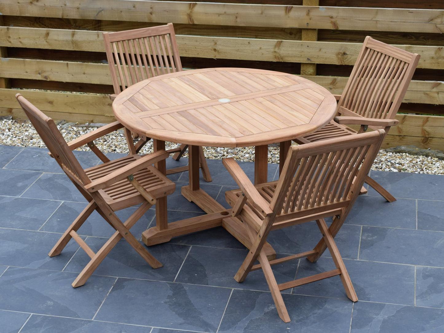 4 Seater Large Round Pedestal Teak Set with Folding Armchairs