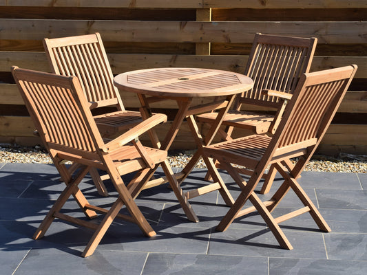 4 Seater Small Round Folding Teak Set with Folding Chairs & Armchairs