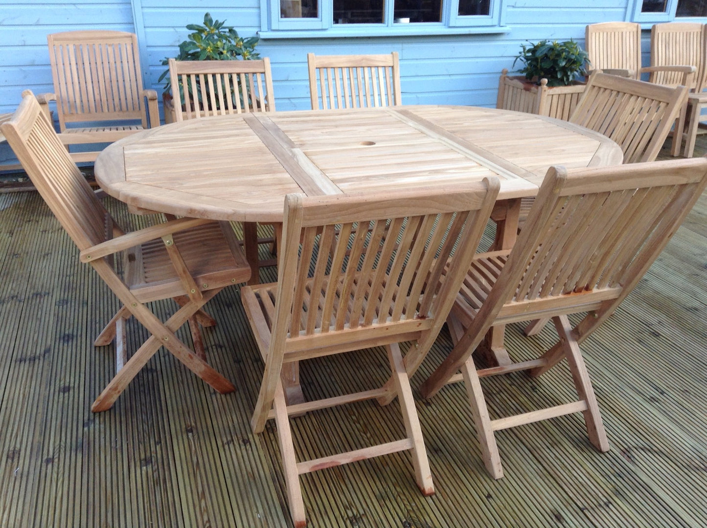 6 Seater Oval Pedestal Teak Set with Folding Chairs & Armchairs