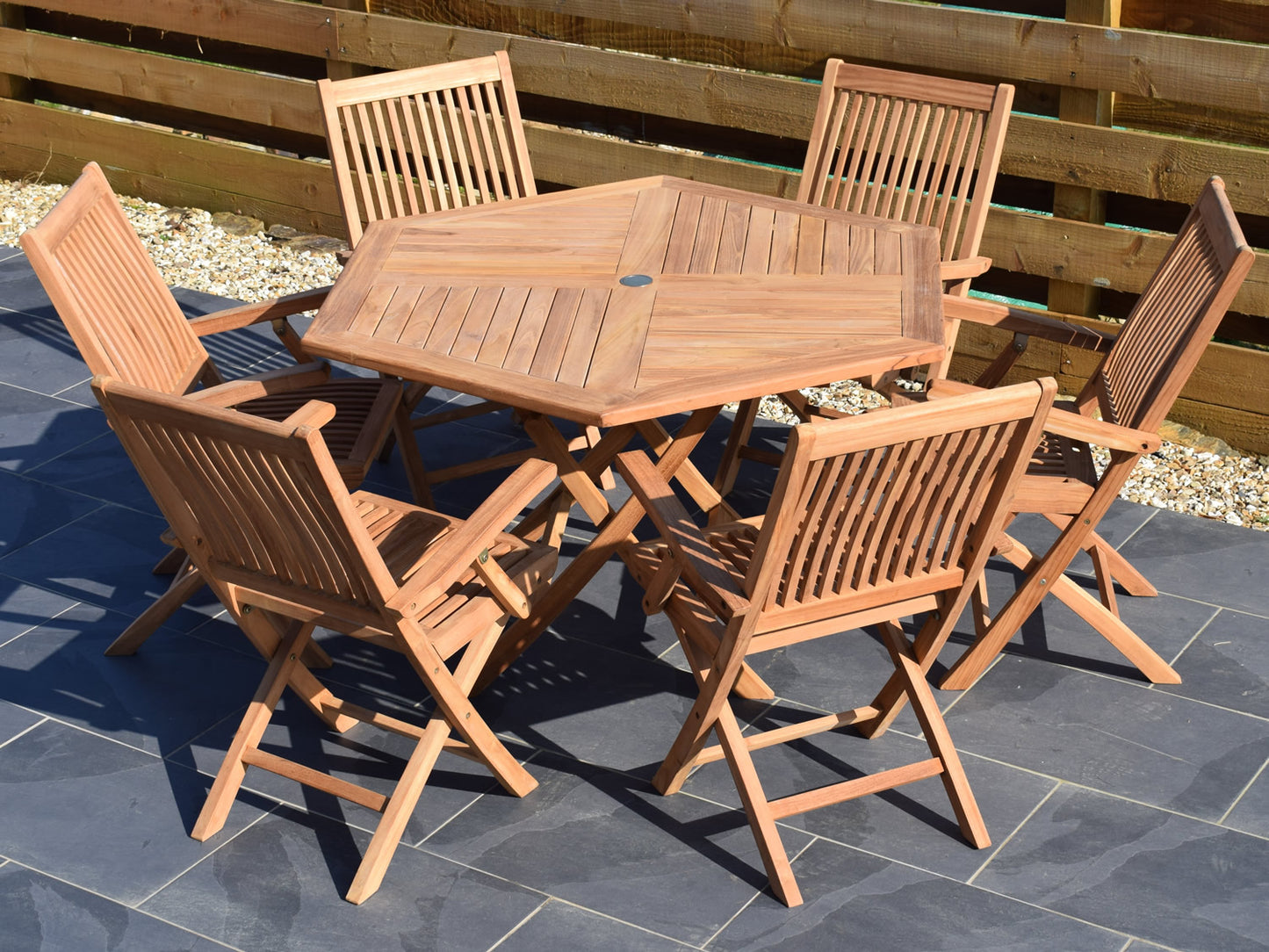 6 Seater Hexagonal Folding Teak Set with Folding Armchairs