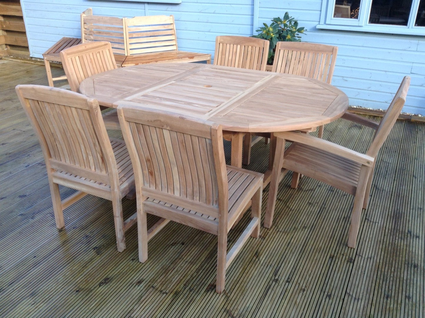 6 Seater Oval Pedestal Teak Set with Dining Chairs & Stacking Armchairs