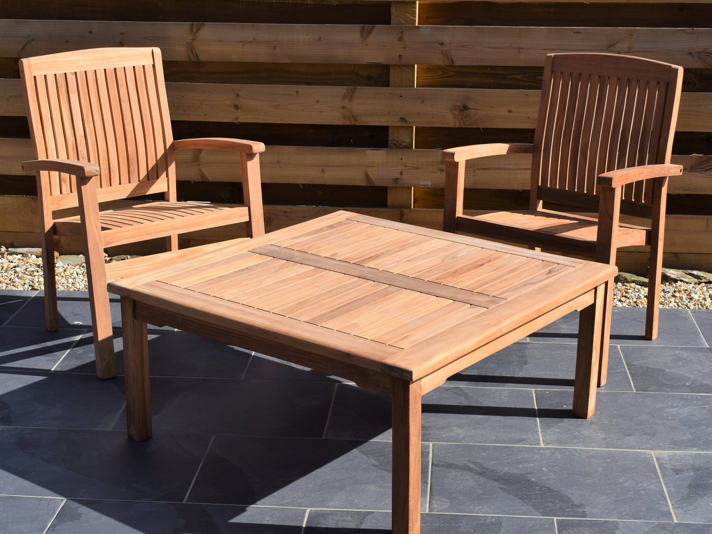 2 Seater Large Square Coffee Table Teak Set with Stacking Armchairs