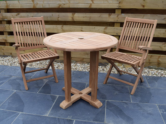 2 Seater Round Pedestal Teak Set with Folding Armchairs