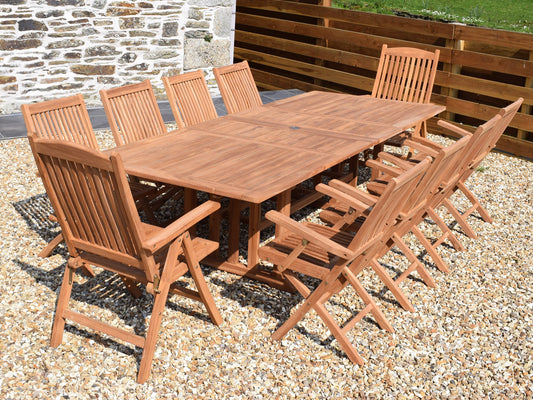 10 Seater Rectangular Double Extending Teak Set with Folding Armchairs & Recliners
