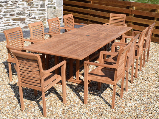10 Seater Rectangular Double Extending Teak Set with Newbury Stacking Armchairs
