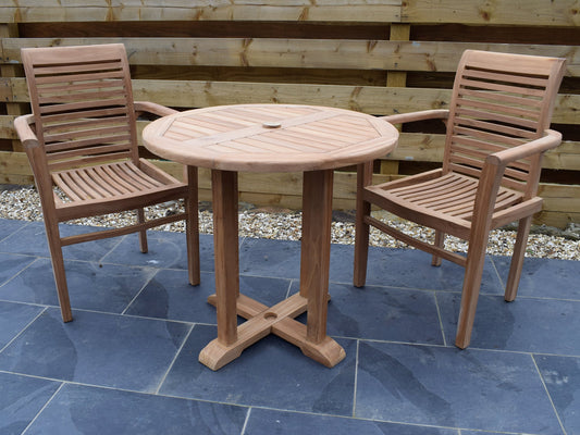 2 Seater Round Pedestal Teak Set with Newbury Stacking Armchairs
