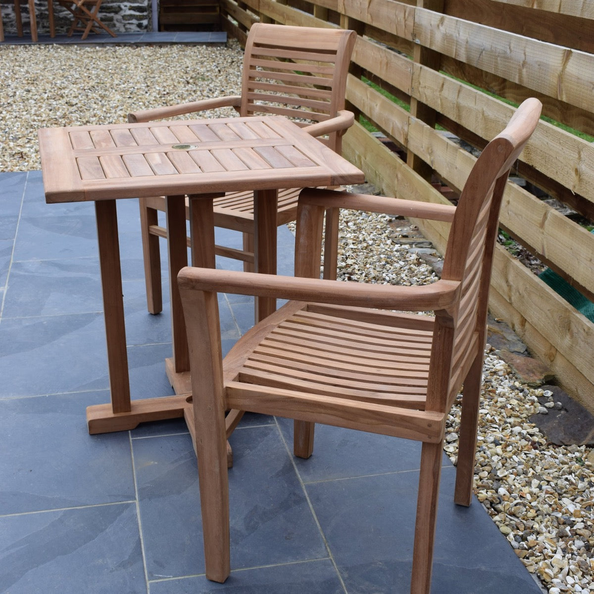 2 Seater Square Pedestal Teak Set with Newbury Stacking Armchairs