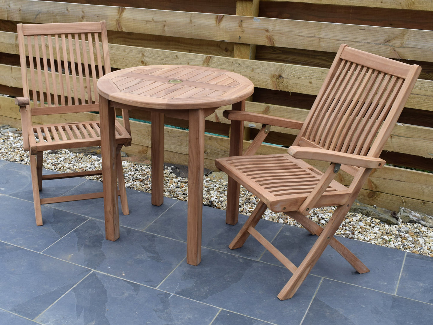 2 Seater Round Bistro Teak Set with Folding Armchairs