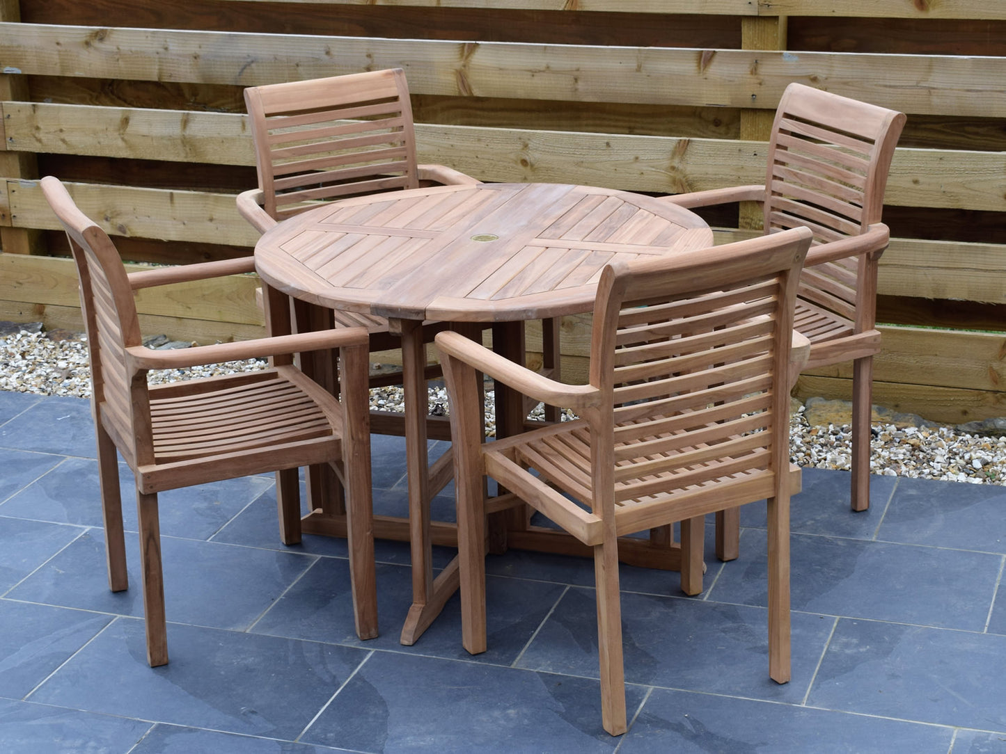 4 Seater Round Folding Gate-Leg Teak Set with Stacking Armchairs