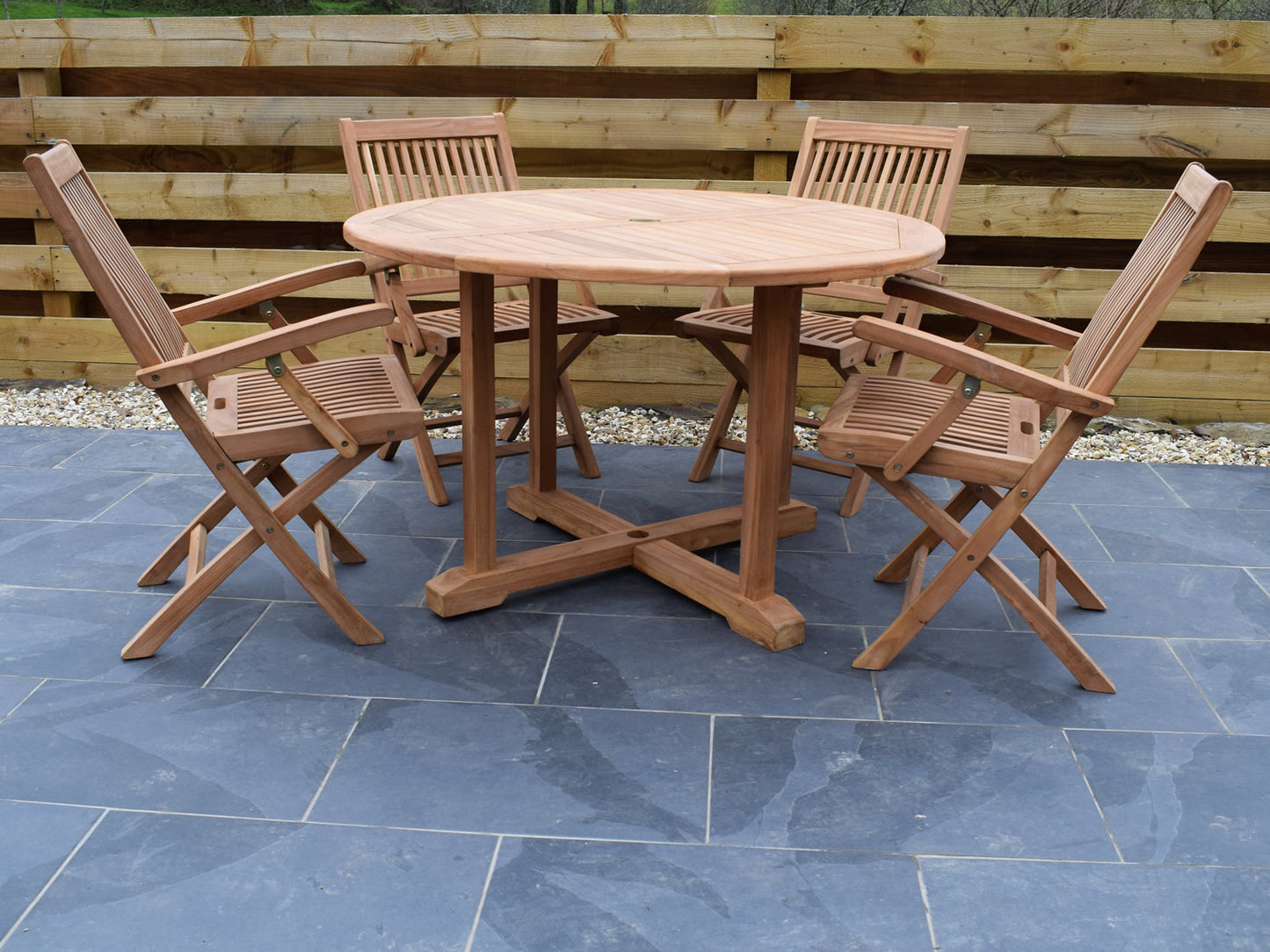 4 Seater Large Round Pedestal Teak Set with Folding Armchairs