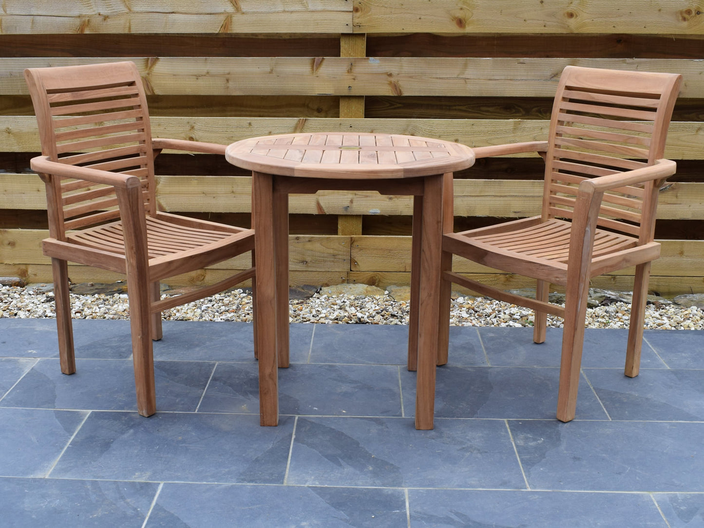 2 Seater Round Bistro Teak Set with Newbury Stacking Armchairs