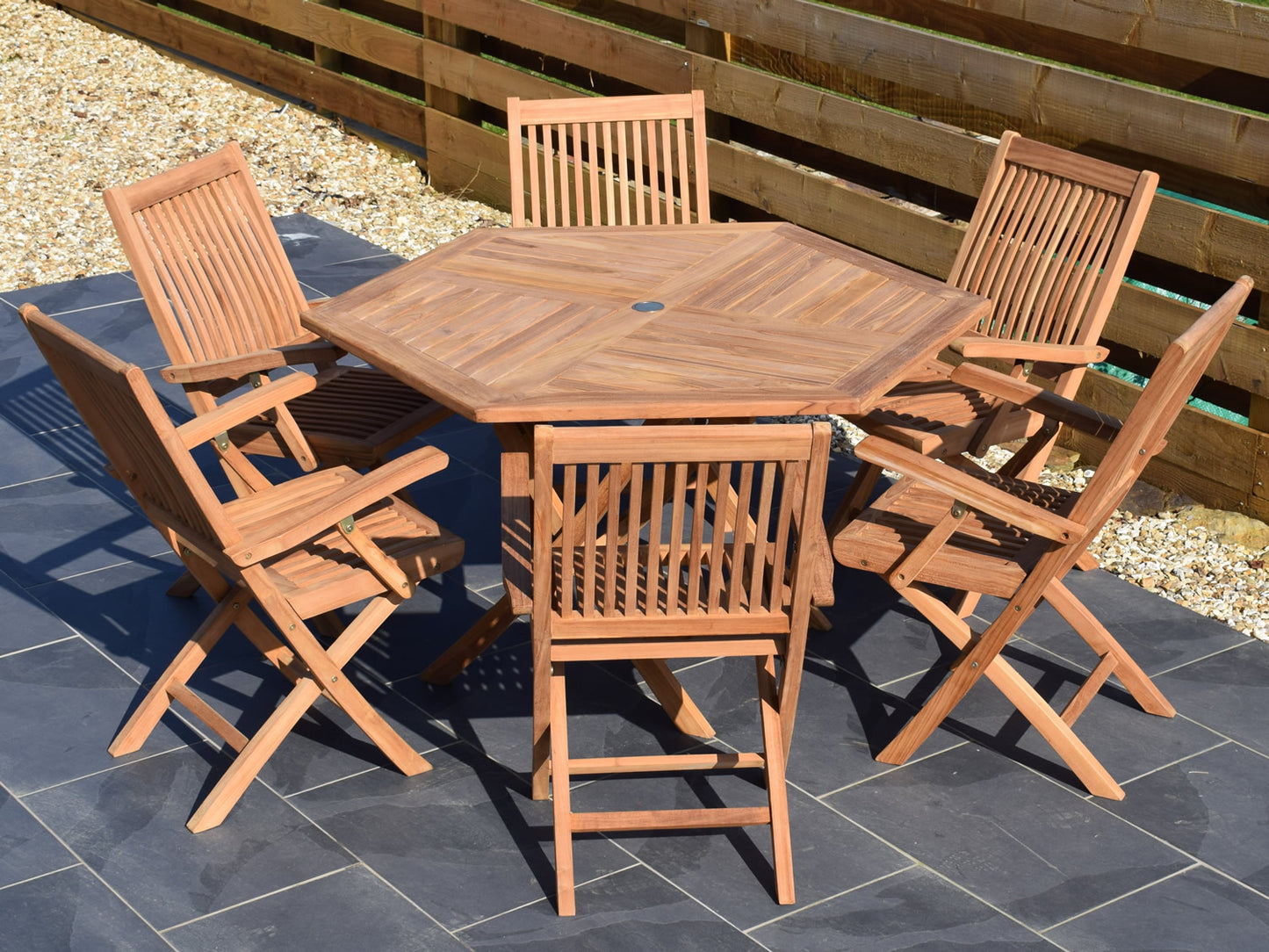 6 Seater Hexagonal Folding Teak Set with Folding Armchairs
