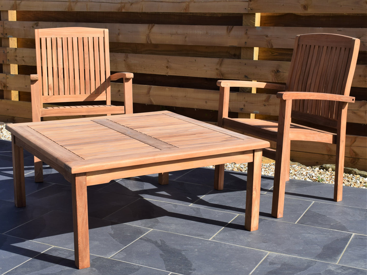 2 Seater Large Square Coffee Table Teak Set with Stacking Armchairs