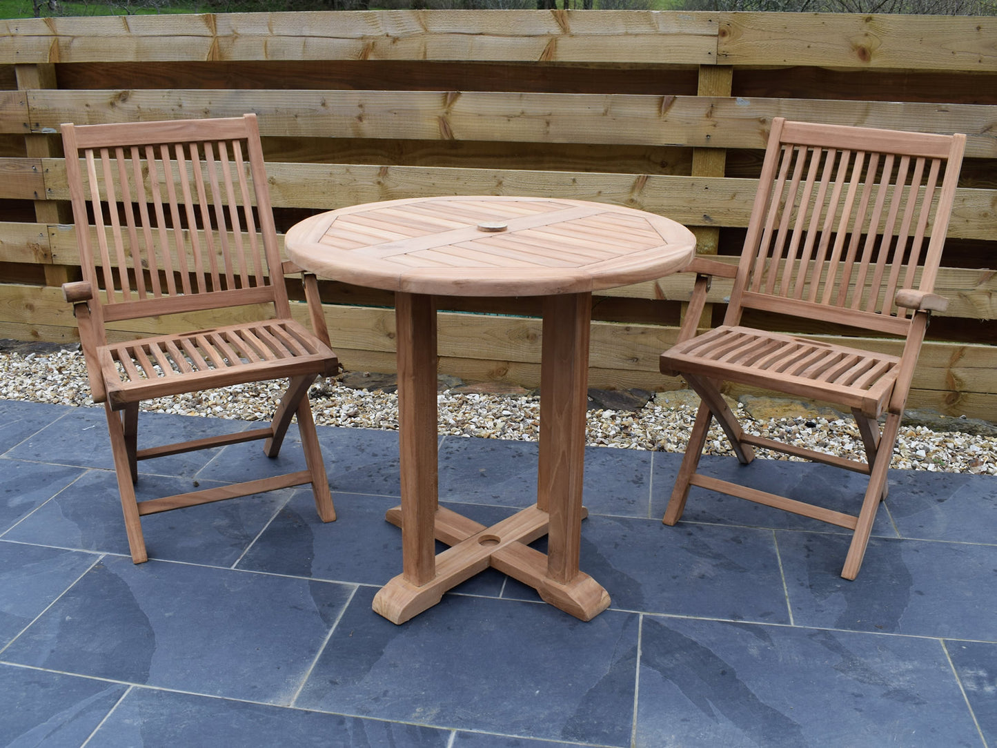 2 Seater Round Pedestal Teak Set with Folding Armchairs
