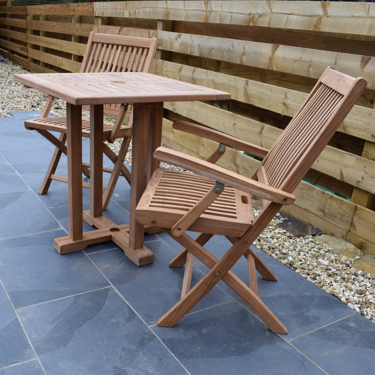 2 Seater Square Pedestal Teak Set with Folding Armchairs