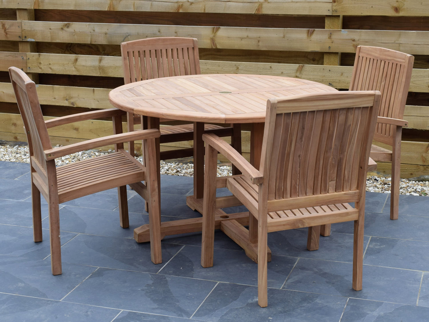 4 Seater Large Round Pedestal Teak Set with Henley Stacking Armchairs