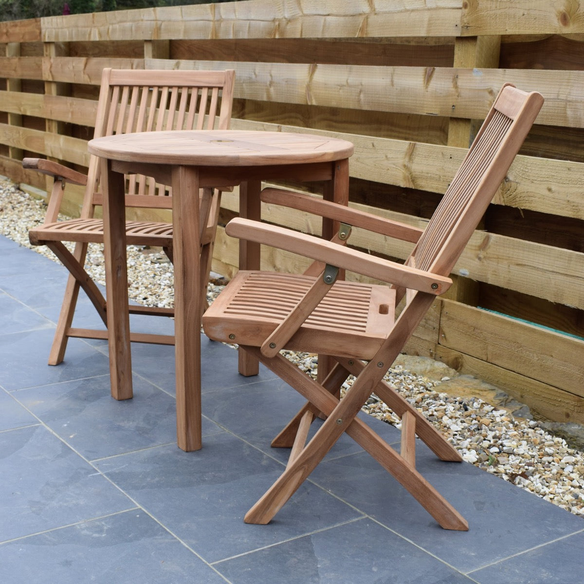 2 Seater Round Bistro Teak Set with Folding Armchairs