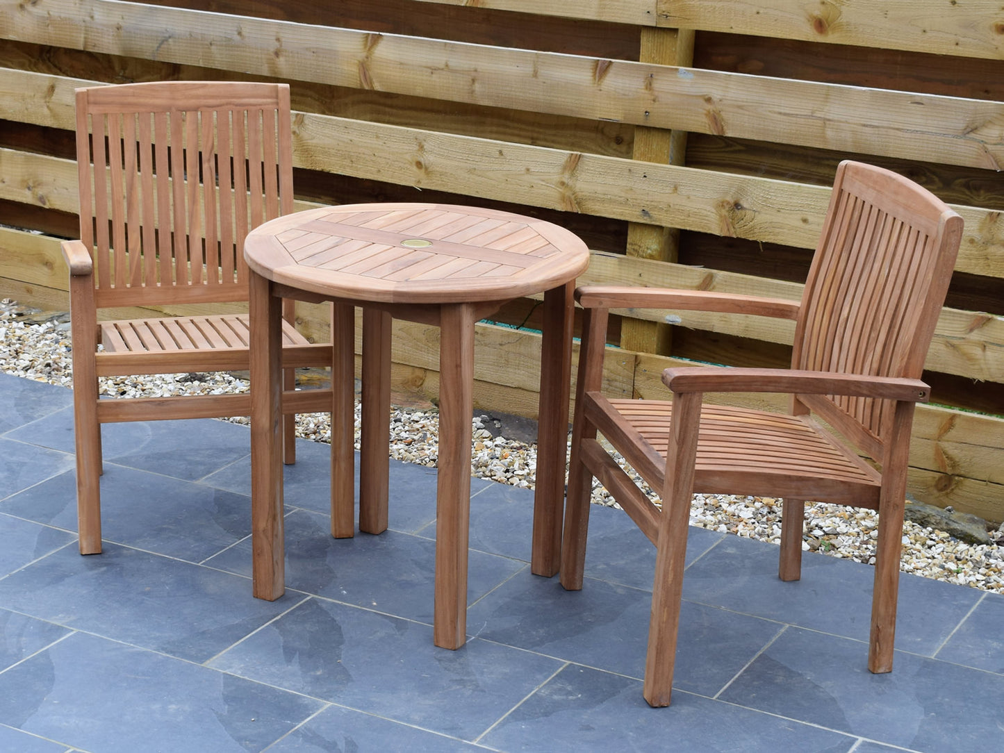 2 Seater Round Bistro Teak Set with Henley Stacking Armchairs