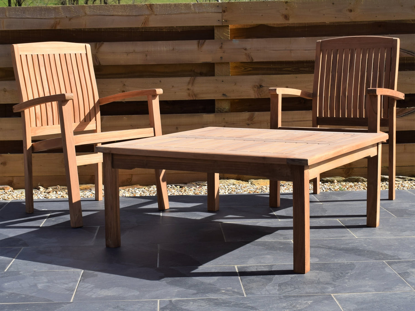2 Seater Large Square Coffee Table Teak Set with Stacking Armchairs
