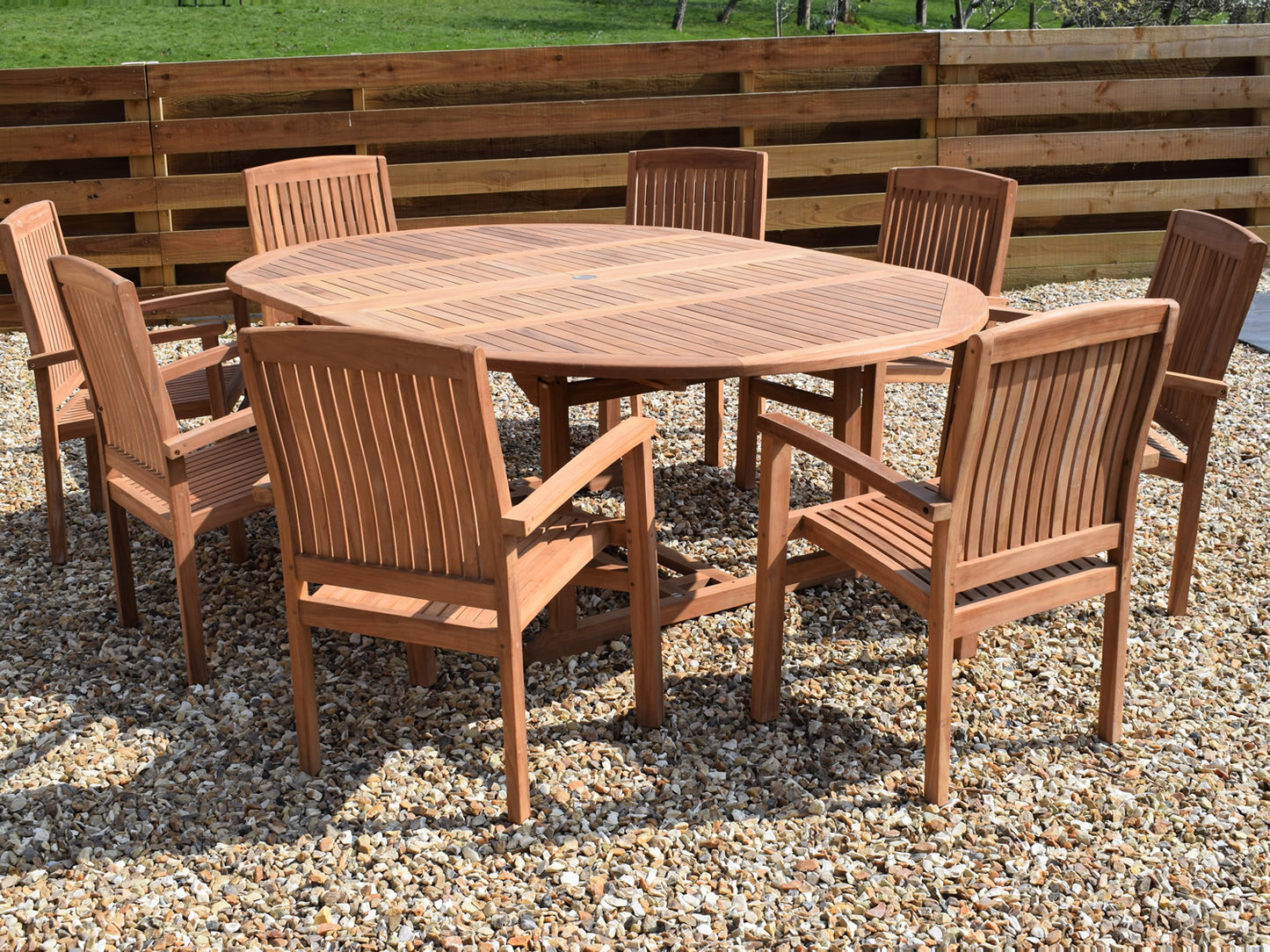 8 Seater Round Double Extending Teak Set with Henley Stacking Armchairs