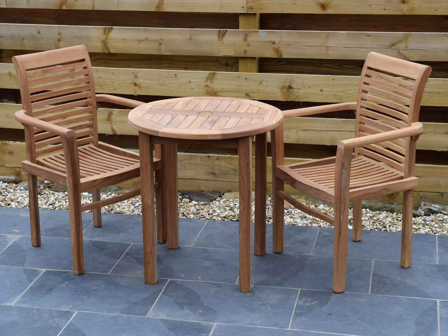 2 Seater Round Bistro Teak Set with Newbury Stacking Armchairs