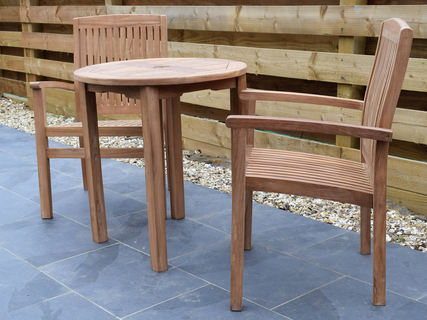 2 Seater Round Bistro Teak Set with Henley Stacking Armchairs