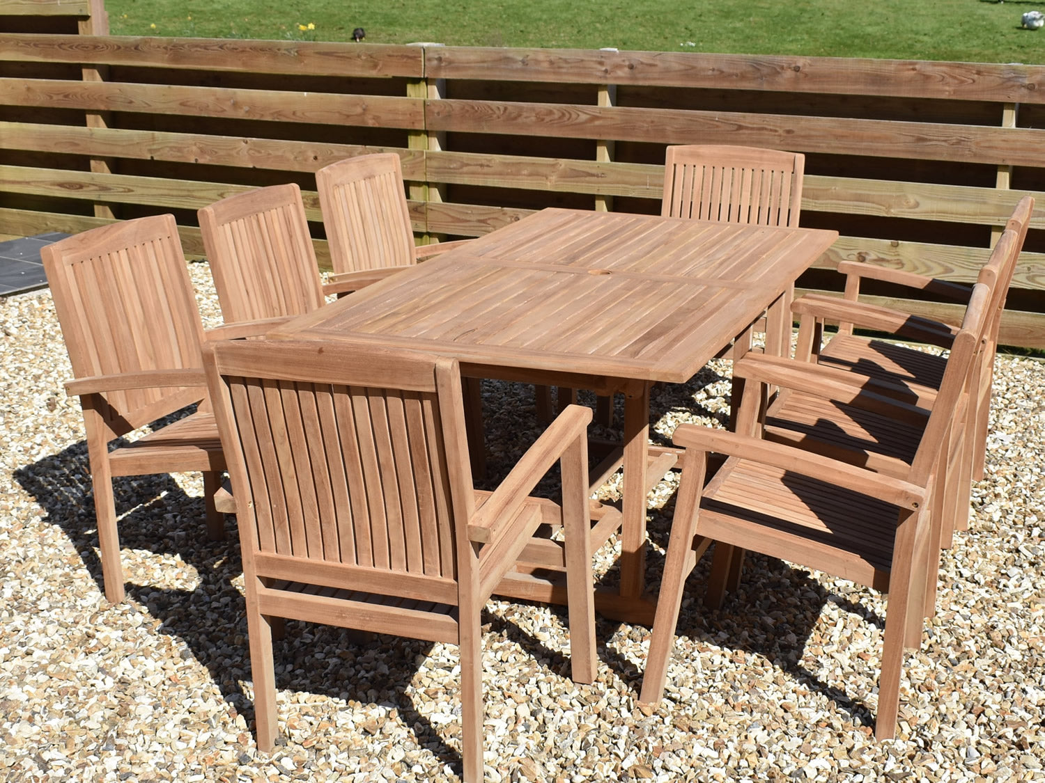 Seater Rectangular Pedestal Teak Set with Henley Stacking