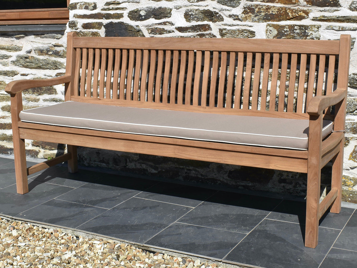 Luxury neutral taupe colour outdoor cushion for 4 seater / 180cm garden bench with contrast white piping