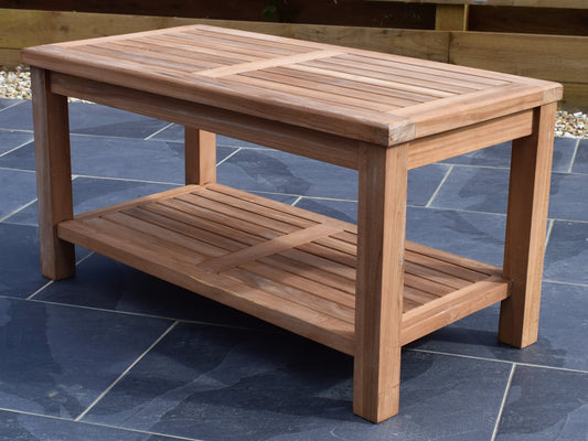 solid teak rectangular garden coffee table with shelf underneath