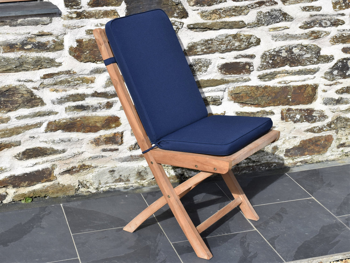 Classic dark blue folding garden seat pad and back cushion, perfect for teak folding garden chairs