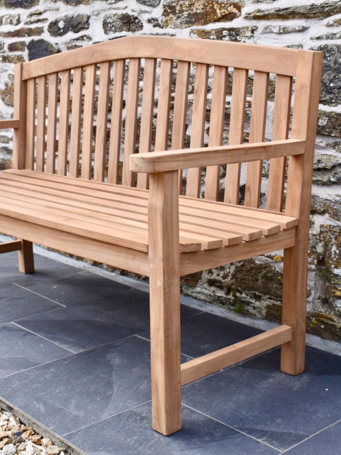 close-up detail of 150cm curved teak garden bench