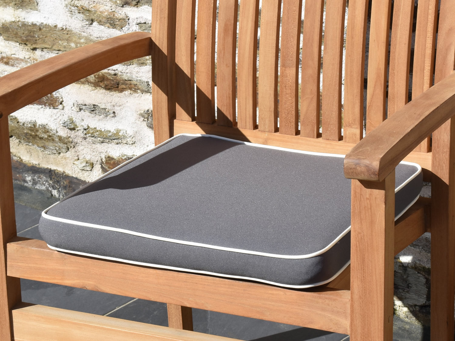 Luxury large outdoor garden seat pad, Grey with White piping , close view