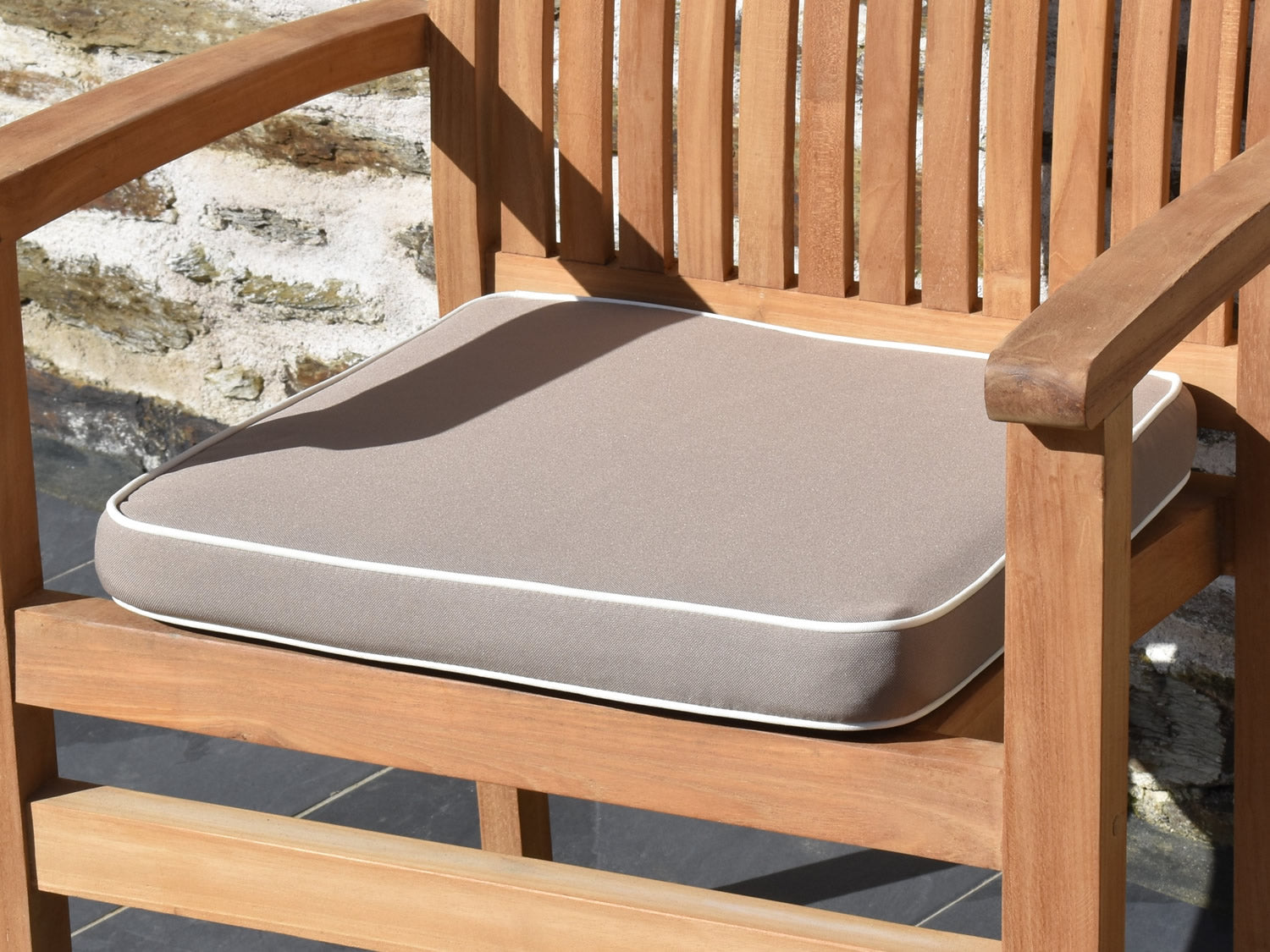 Luxury large outdoor garden seat pad, Taupe with White piping, close view