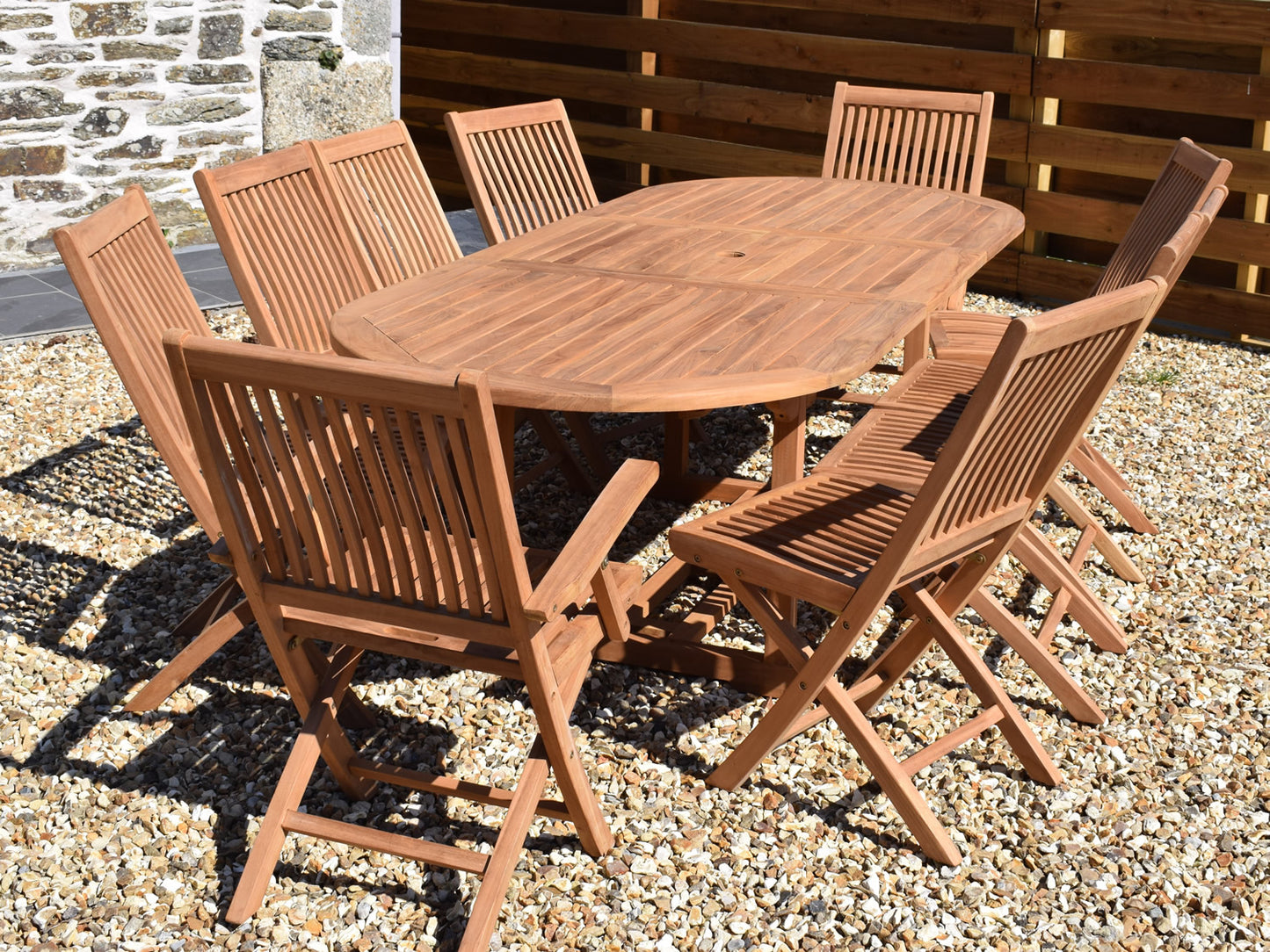 10 Seater Oval Extending Teak Set with Folding Chairs & Armchairs