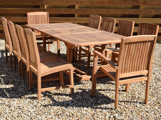 10 Seater Rectangular Extending Teak Set with Dining Chairs & Stacking Armchairs