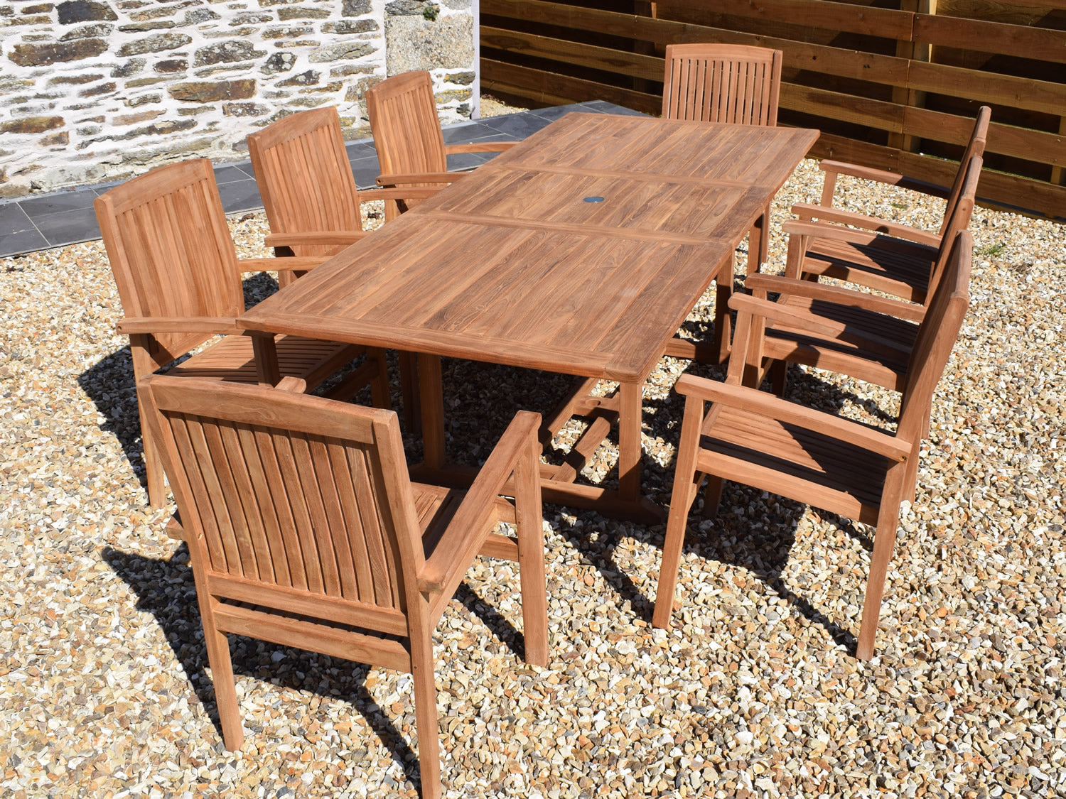 Seater Rectangular Extending Teak Set with Stacking Armchairs